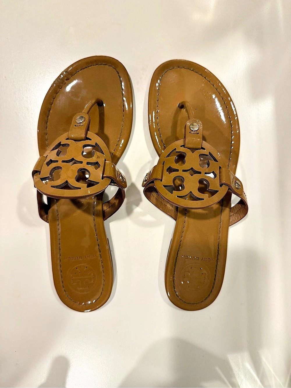 Tory Burch Miller Patent Sandal Logo Sandals in Brown